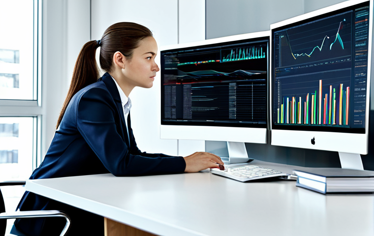 A professional female data ethicist, fully clothed in a modest business suit, sitting at a modern desk with multiple monitors displaying abstract, anonymized data visualizations and ethical guidelines documents. The office environment is clean, well-lit, and reflects a secure, responsible data handling space. She is engaged in deep thought, ensuring data fairness and transparency in technology. Perfect anatomy, correct proportions, natural pose, well-formed hands, proper finger count, natural body proportions, professional photography, high quality, safe for work, appropriate content, professional, family-friendly.