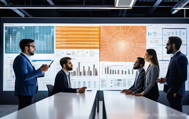 빅데이터 프로젝트 성과 측정 방법 - **A diverse team of data scientists and business strategists collaborates in a modern, brightly lit ...