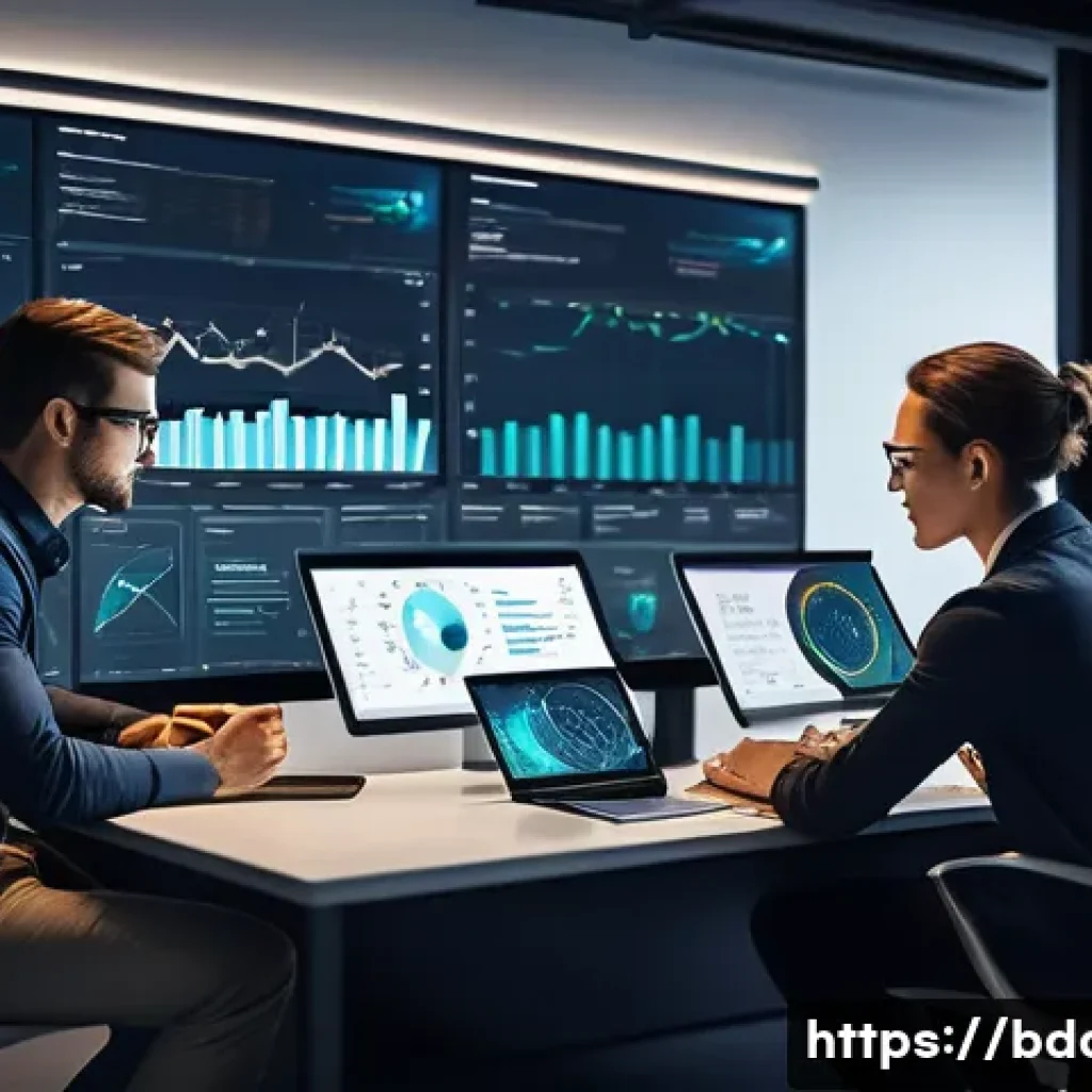 빅데이터 기술자의 문제 해결 능력 개발 - A detailed office scene showing a diverse team of data scientists and business analysts collaboratin...