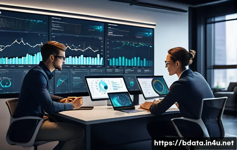 빅데이터 기술자의 문제 해결 능력 개발 - A detailed office scene showing a diverse team of data scientists and business analysts collaboratin...