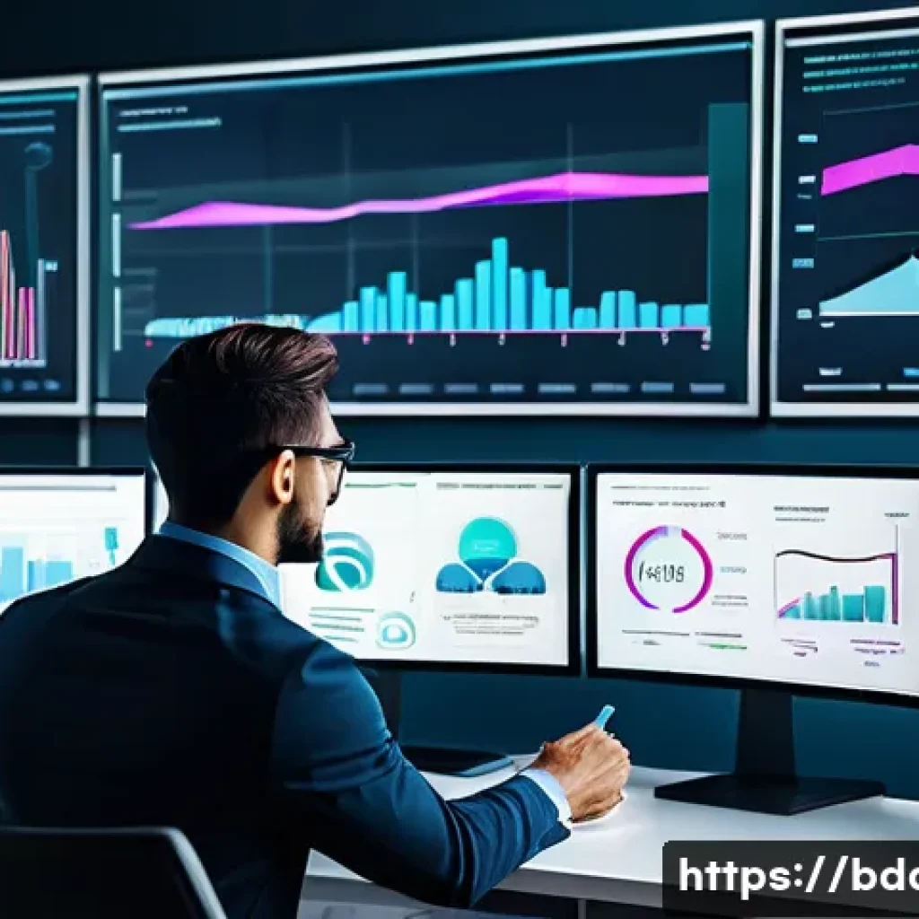 빅데이터 기술자와 비즈니스 전략 개발 - A professional data scientist in a modern office environment, analyzing large interactive data dashb...