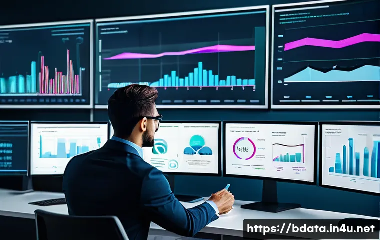 빅데이터 기술자와 비즈니스 전략 개발 - A professional data scientist in a modern office environment, analyzing large interactive data dashb...