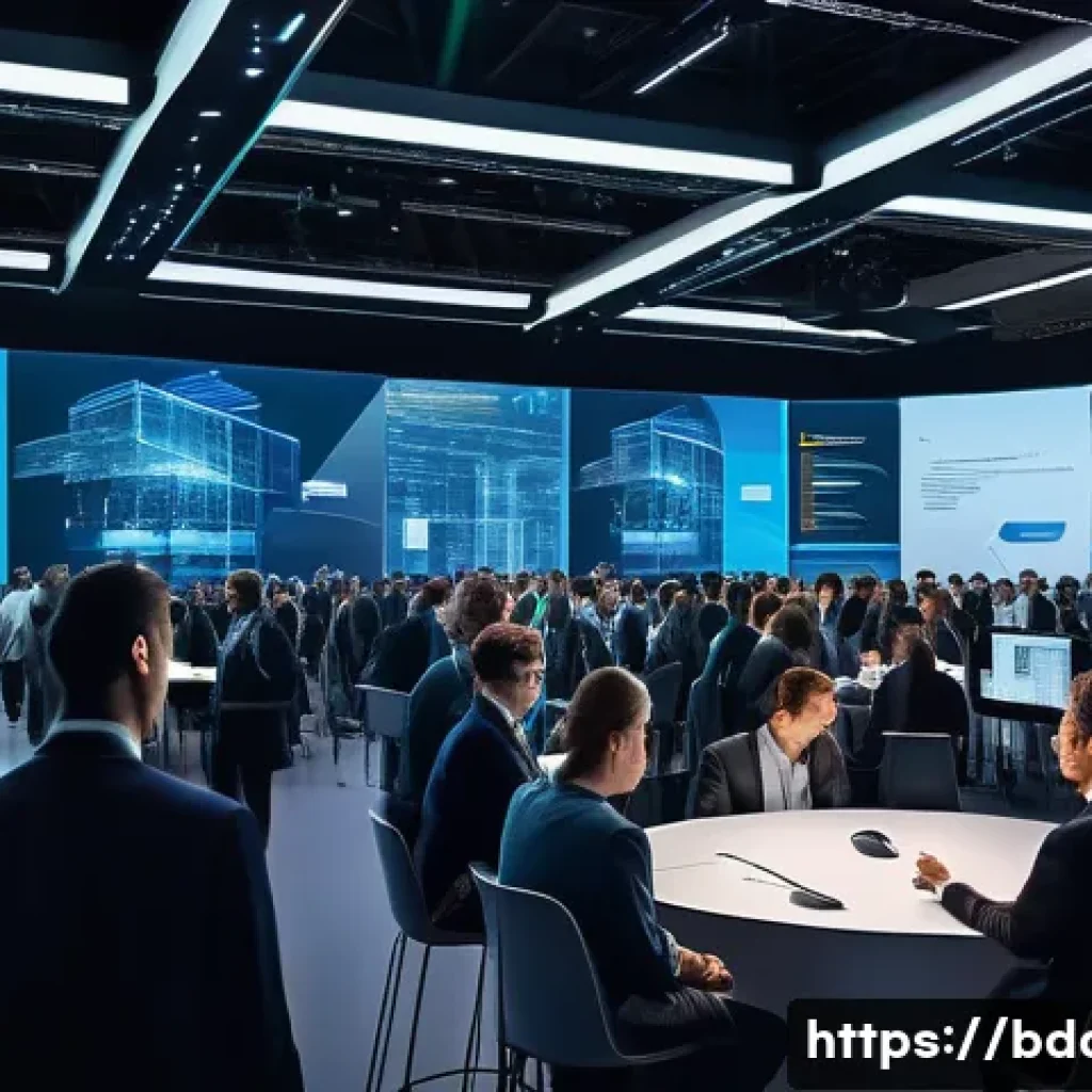 빅데이터 기술자의 기술 트렌드 파악 방법 - A bustling technology conference scene with diverse professionals networking and exchanging ideas; l...
