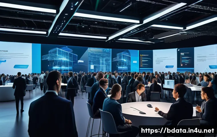 빅데이터 기술자의 기술 트렌드 파악 방법 - A bustling technology conference scene with diverse professionals networking and exchanging ideas; l...