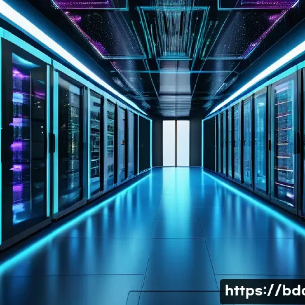 빅데이터 기술자의 클라우드 환경에서의 효율성 - A futuristic data center scene with numerous interconnected servers and virtual machines processing ...