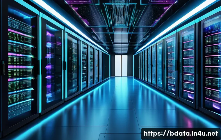 빅데이터 기술자의 클라우드 환경에서의 효율성 - A futuristic data center scene with numerous interconnected servers and virtual machines processing ...