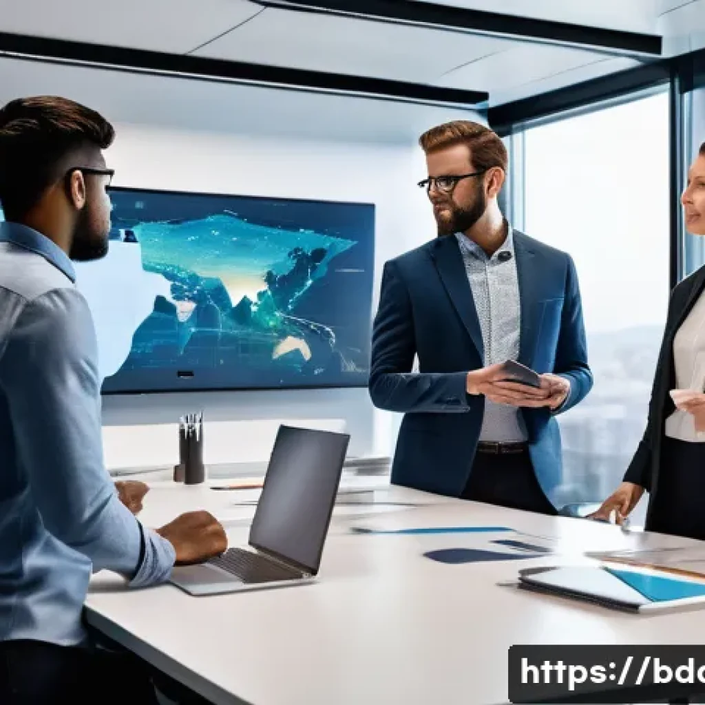 빅데이터 기술자와 협력적 데이터 분석 사례 - A modern collaborative workspace showing diverse professionals&mdash;data scientists, marketing experts, e...