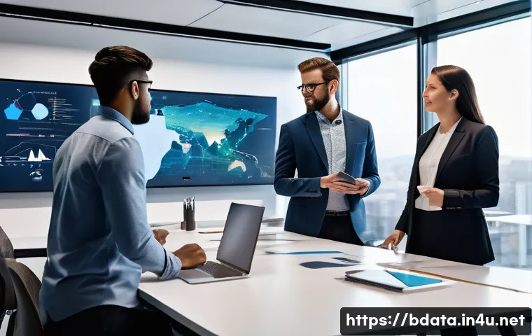 빅데이터 기술자와 협력적 데이터 분석 사례 - A modern collaborative workspace showing diverse professionals&mdash;data scientists, marketing experts, e...