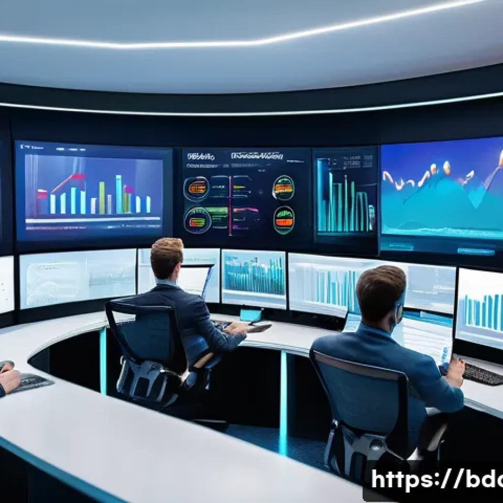 빅데이터 기술자의 IT 서비스 활용 성공 사례 - A high-tech control room with multiple large digital screens displaying real-time customer data anal...
