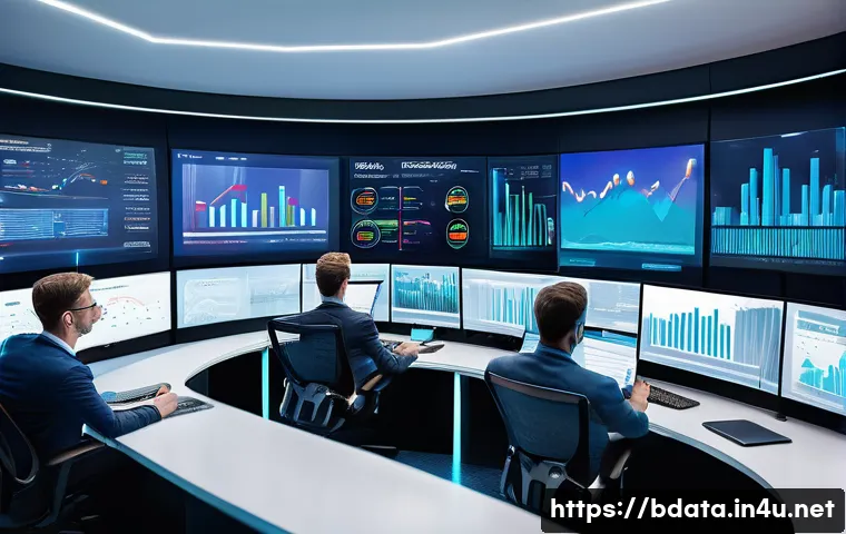 빅데이터 기술자의 IT 서비스 활용 성공 사례 - A high-tech control room with multiple large digital screens displaying real-time customer data anal...