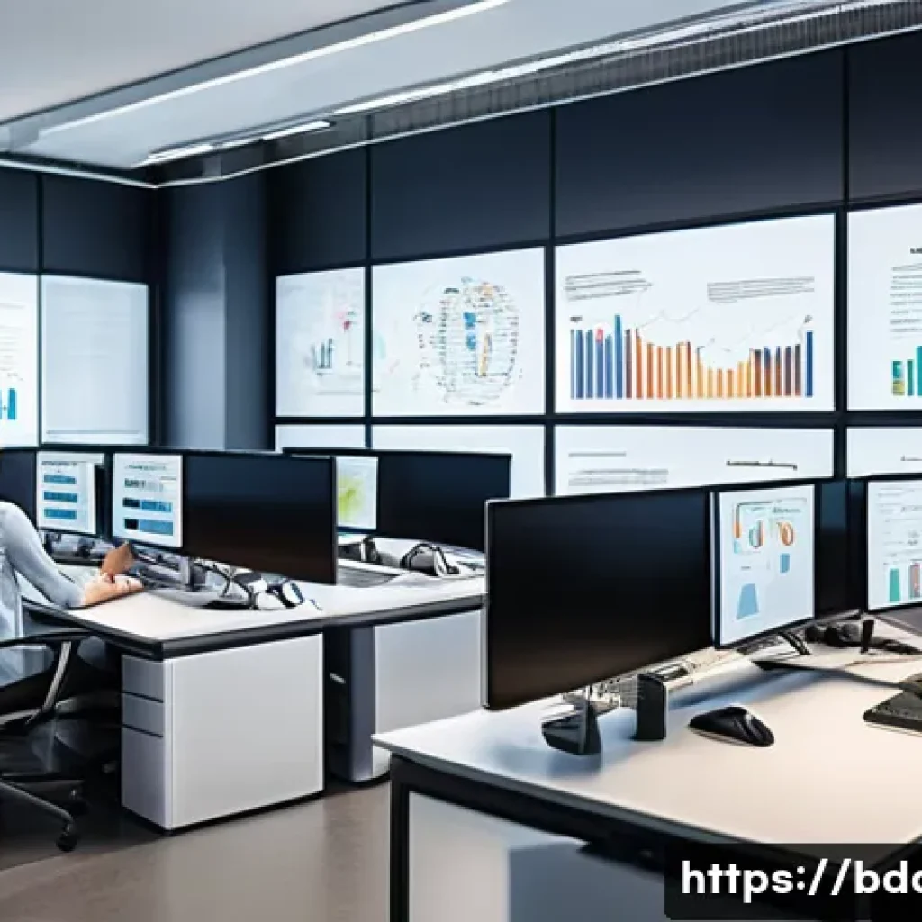 빅데이터 기술자의 지속적인 기술 학습 전략 - A modern workspace featuring a diverse group of data scientists and engineers collaborating on a big...