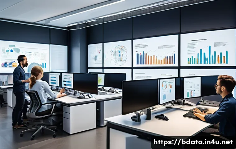 빅데이터 기술자의 지속적인 기술 학습 전략 - A modern workspace featuring a diverse group of data scientists and engineers collaborating on a big...