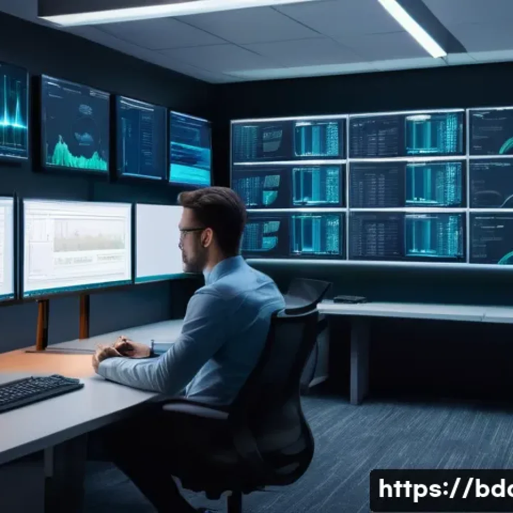빅데이터 실무에서 로컬 및 클라우드 데이터 활용 - A high-tech office environment showing a data analyst working intensely on a local server setup, wit...