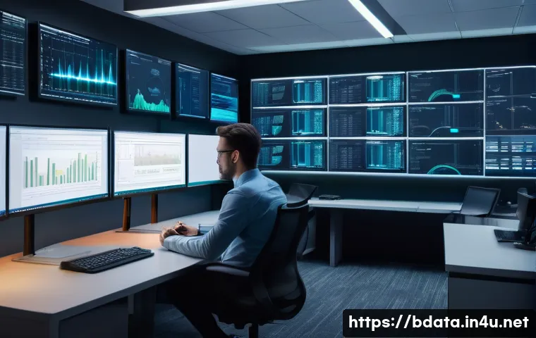 빅데이터 실무에서 로컬 및 클라우드 데이터 활용 - A high-tech office environment showing a data analyst working intensely on a local server setup, wit...