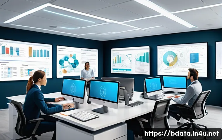 빅데이터 실무와 데이터 모델링 기술 - A detailed illustration of a modern data modeling workspace showing a diverse team collaborating aro...