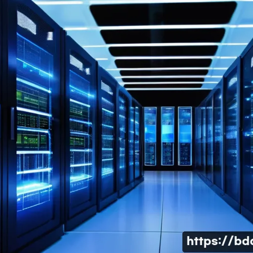 빅데이터 기술자의 데이터 리소스 관리 사례 - A futuristic cloud data center interior with rows of high-tech servers glowing softly in blue and wh...