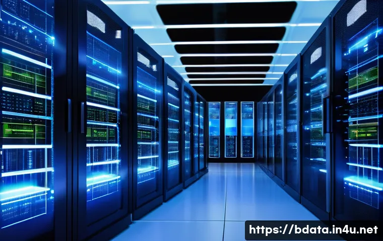 빅데이터 기술자의 데이터 리소스 관리 사례 - A futuristic cloud data center interior with rows of high-tech servers glowing softly in blue and wh...