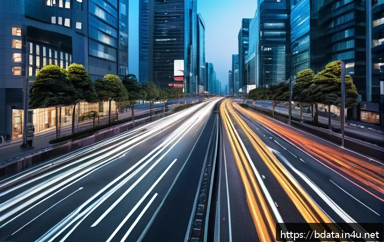 빅데이터를 활용한 사회 문제 해결 사례 - A futuristic smart city intersection at dusk, featuring AI-powered traffic signals dynamically adjus...