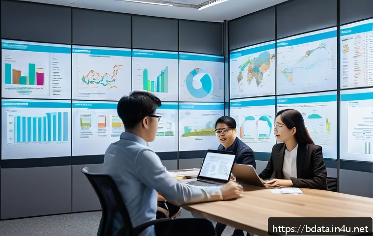 빅데이터 기술자의 프로젝트 관리 스킬 - A modern office scene depicting a diverse team of data scientists, engineers, and business analysts ...