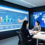 빅데이터 기술자와 IT 컨설팅 - A modern corporate office setting showing diverse professionals collaborating around a large digital...