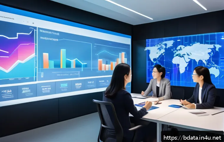 빅데이터 기술자와 IT 컨설팅 - A modern corporate office setting showing diverse professionals collaborating around a large digital...