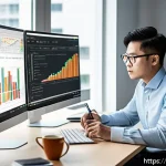 빅데이터 기술자의 시간 관리 전략 - A professional data analyst in a modern office setting, focused intensely on a large computer screen...