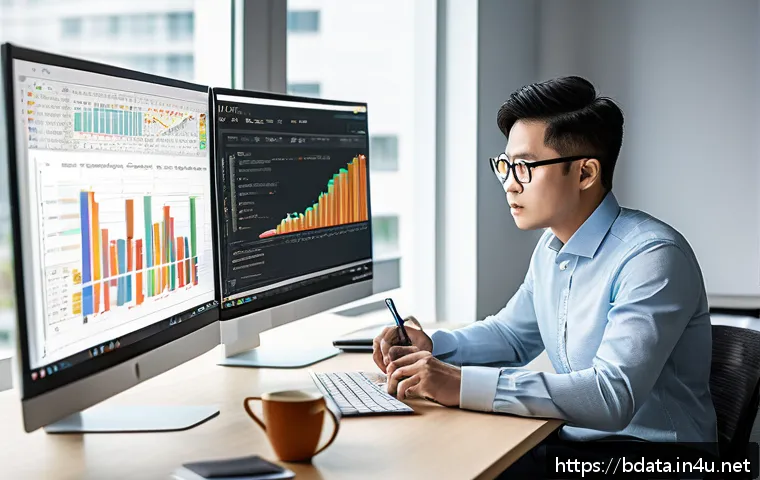 빅데이터 기술자의 시간 관리 전략 - A professional data analyst in a modern office setting, focused intensely on a large computer screen...