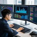빅데이터 기술자와 파이썬의 고급 활용법 - A modern data scientist working efficiently at a sleek desk with multiple high-resolution monitors d...