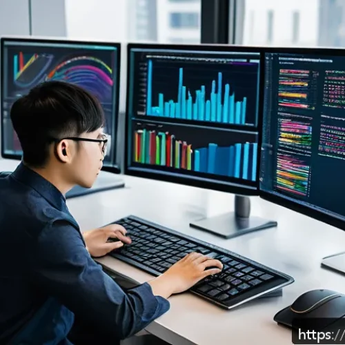 빅데이터 기술자와 파이썬의 고급 활용법 - A modern data scientist working efficiently at a sleek desk with multiple high-resolution monitors d...