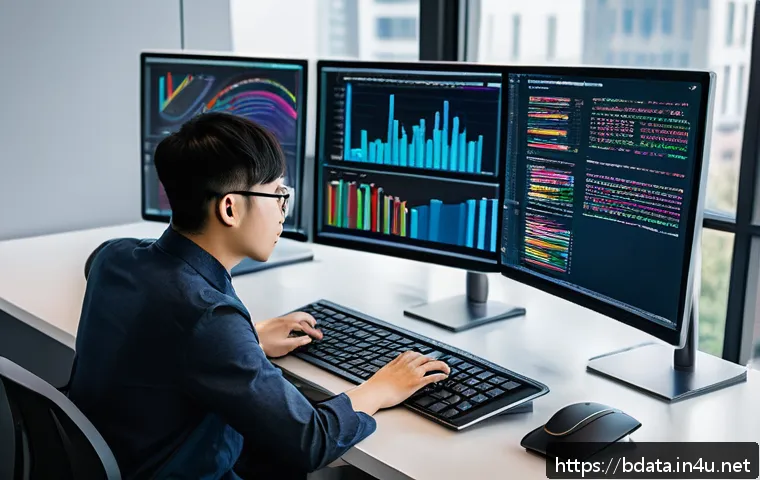 빅데이터 기술자와 파이썬의 고급 활용법 - A modern data scientist working efficiently at a sleek desk with multiple high-resolution monitors d...