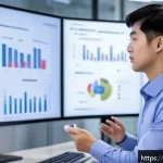 빅데이터 기술자의 면접 준비 요령 - A professional business setting showing a confident young data engineer presenting a complex big dat...