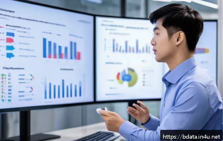 빅데이터 기술자의 면접 준비 요령 - A professional business setting showing a confident young data engineer presenting a complex big dat...