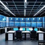 빅데이터 기술자 성과 관리 전략 - A modern data control center with diverse professionals collaborating around large transparent digit...