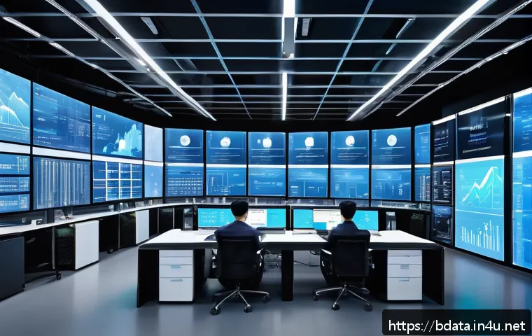 빅데이터 기술자 성과 관리 전략 - A modern data control center with diverse professionals collaborating around large transparent digit...