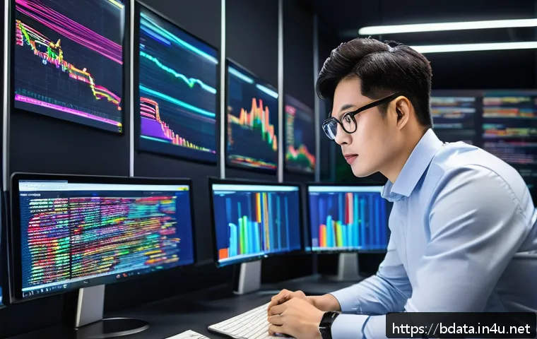 빅데이터 기술자 추천 자격증 - A professional data analyst in a modern office environment, surrounded by multiple large monitors di...