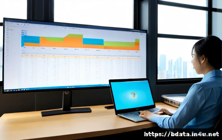Home 30 빅데이터 기술자를 위한 프로그래밍 언어 추천 - Photorealistic modern data analyst workspace, a focused professional reviewing colorful abstract dat...