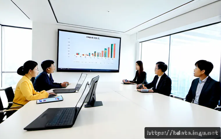 Home 17 빅데이터 프로젝트와 ROI 측정 - Photorealistic modern business meeting focused on big data project ROI measurement, diverse team of ...